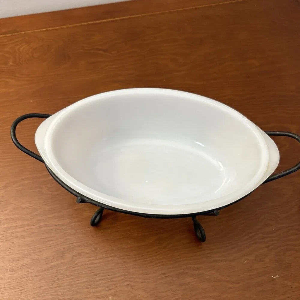 Vintage Glasbake 1 Qt. White Pot w/ metal Stand and lid